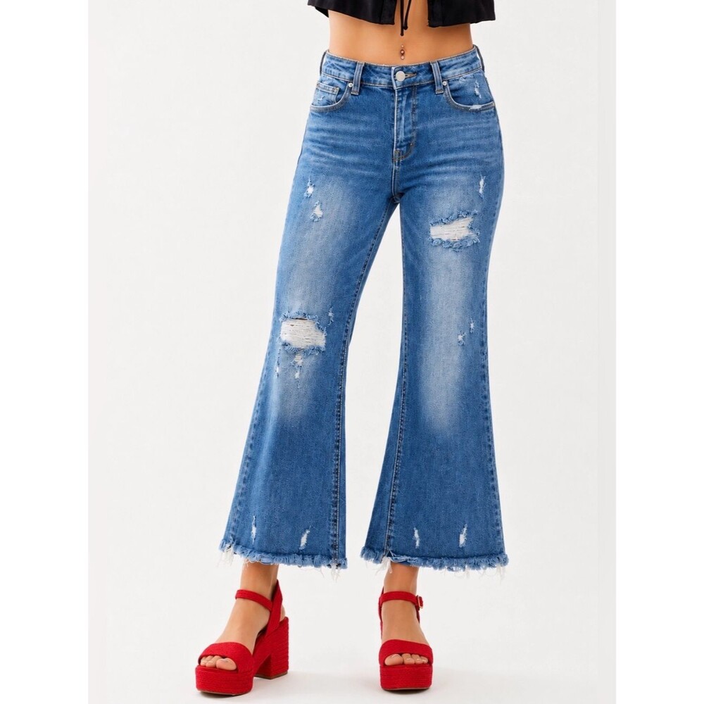 RISEN High Rise Distressed Cropped Flare Jeans Raw Hem Stretch 31x29